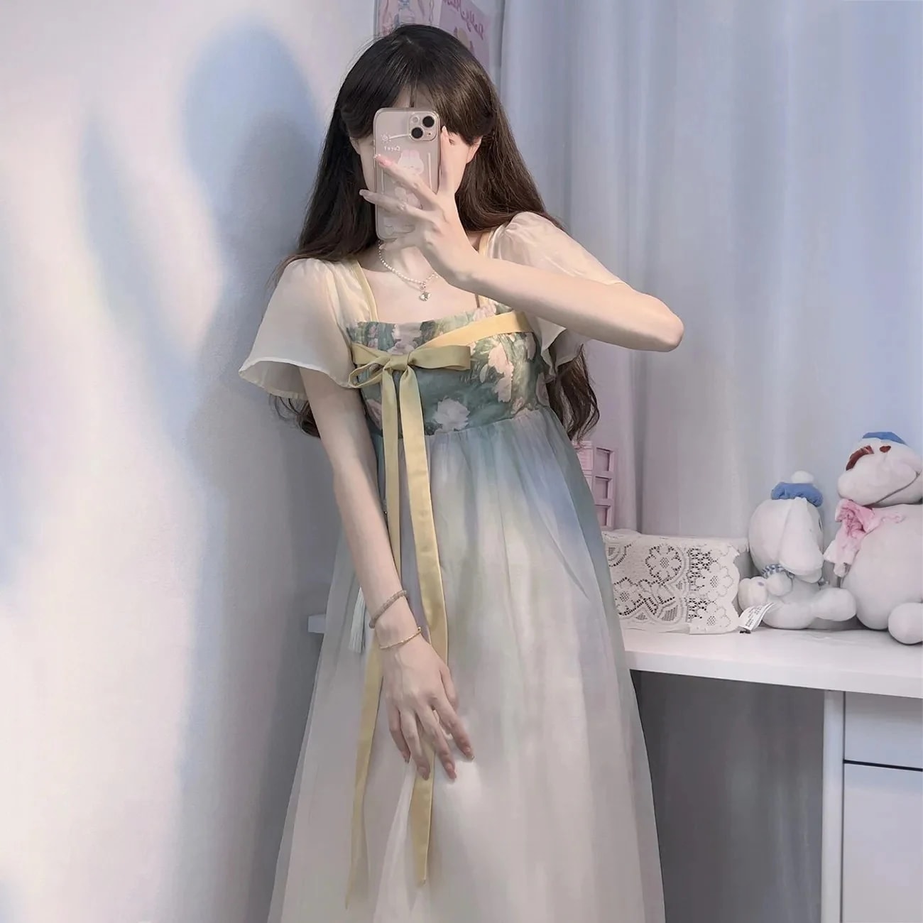 ドレス レディース女性の学生のための中国スタイルの蝶ネクタイのグラデーションカラードレス韓国ファッション マキシスカート