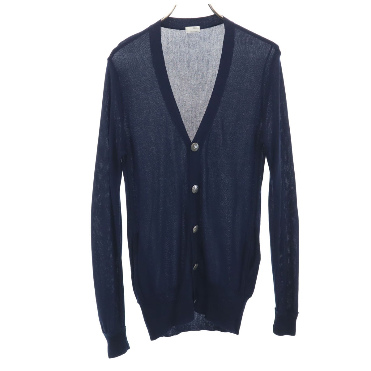 日本製 長袖 Vネック ニットカーディガン L ネイビー コンチョボタン レディース 古着