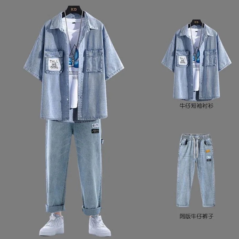 6Tipe セットアップ デニム 半袖シャツ+ジーパン/カーゴパンツ 夏服ファッション カジュアルセット