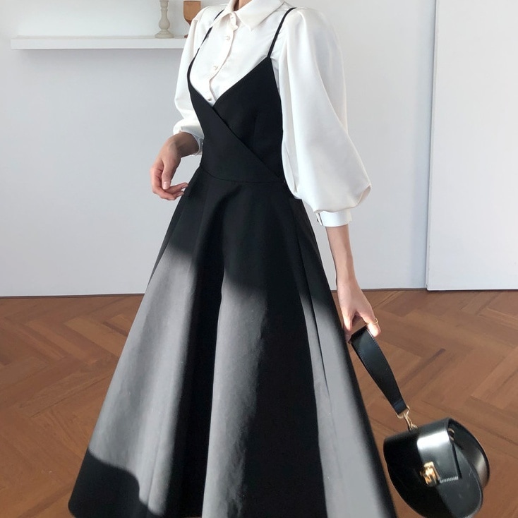 2点セット シャツ 7分袖 襟付き 前開き ボタン ジャンパースカート フレアスカート クロスデザイン ロング丈 かわいい 大人可愛い きれいめ シンプル カジュアル 大人 上品 おしゃれ かっこいい