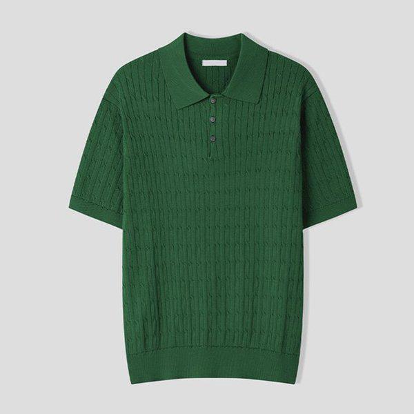 メンズベーシックケーブルカラーネック半袖ニットTシャツ AS-KNH-Q013-グリーン