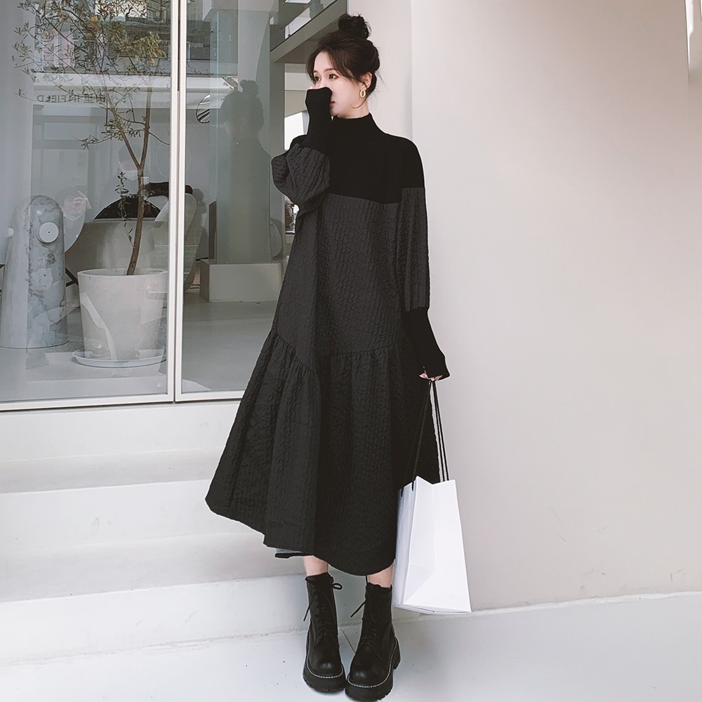 ワンピース ミモレ丈ワンピース フレアワンピース 長袖 マトンスリーブ ハイネック 切り替えデザイン 異素材ミックス ミモレ丈 かわいい 大人可愛い きれいめ シンプル 上品 おしゃれ 大人女子