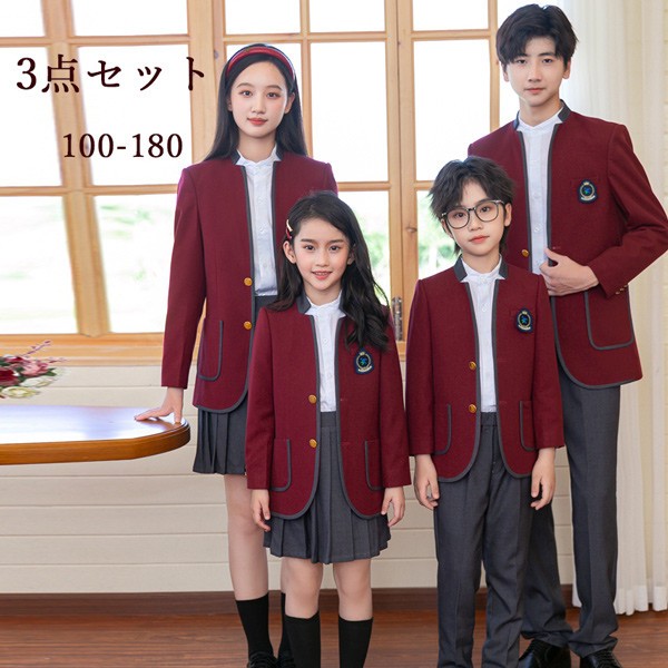 学生服 子供服 韓国風 ピアノ発表会 上下セット 3点セット キッズスーツ キッズフォーマルスーツ 女の子 男の子 女児 小学校 高校生 中学生 制服 ジャケット ブラウス スカート リボン 七五三