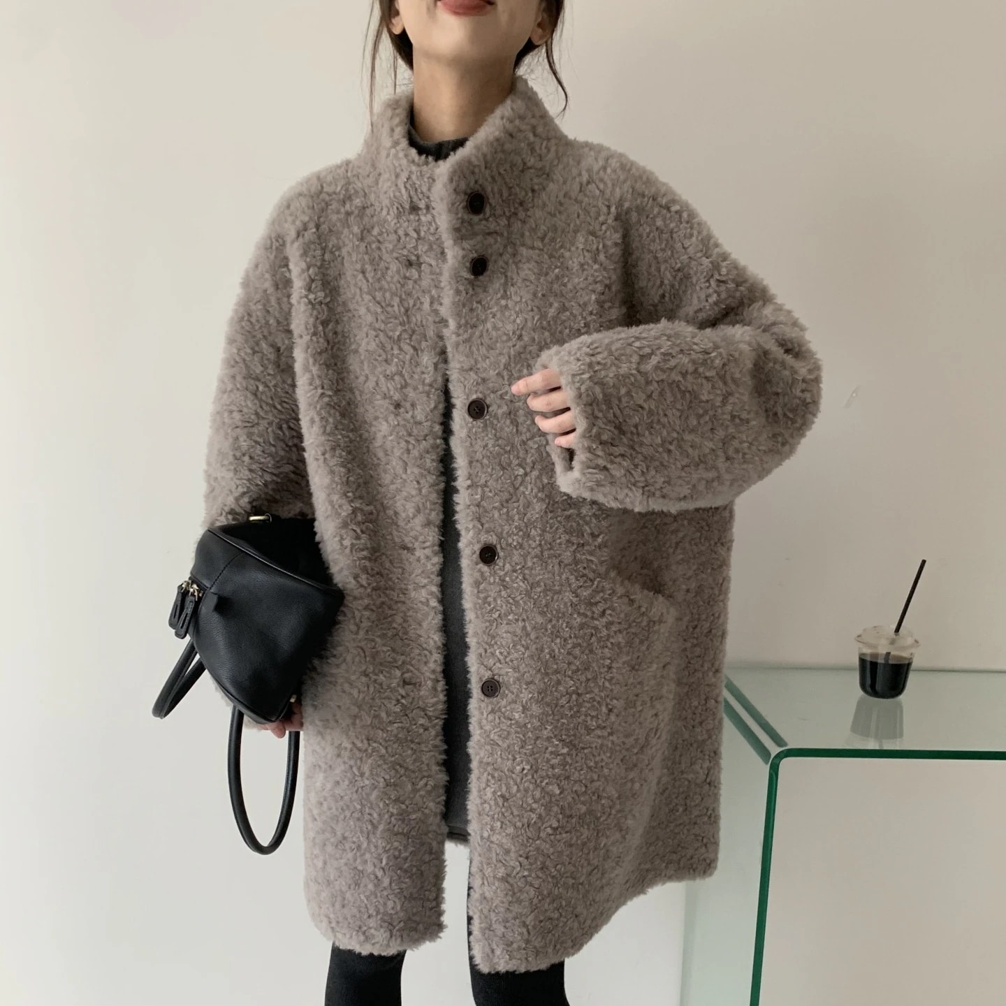 ラフなスタイル 韓国風新作 ラムファーコート レディース ミドル丈 冬のファーコート スタンドカラー 毛皮一体型