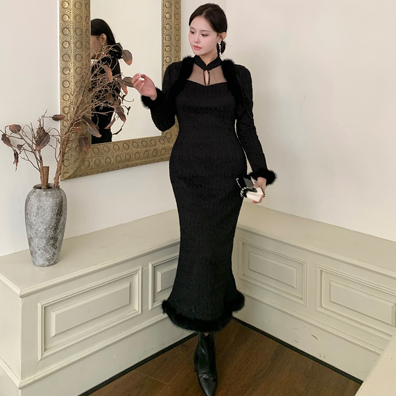 【ぽっちゃり】 大きいサイズ XL-5XL 秋冬 フランス風 レトロ マーメイド ワンピース タイト フォーマル パーティー ドレス お呼ばれ 演奏会 成人式 同窓会 卒業式 キャバ メガ割