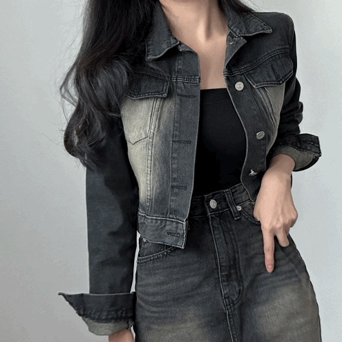 [韓国制作/フィット保障] あなたト ビンテージ クロップ 黒青 デニムジャケット one color