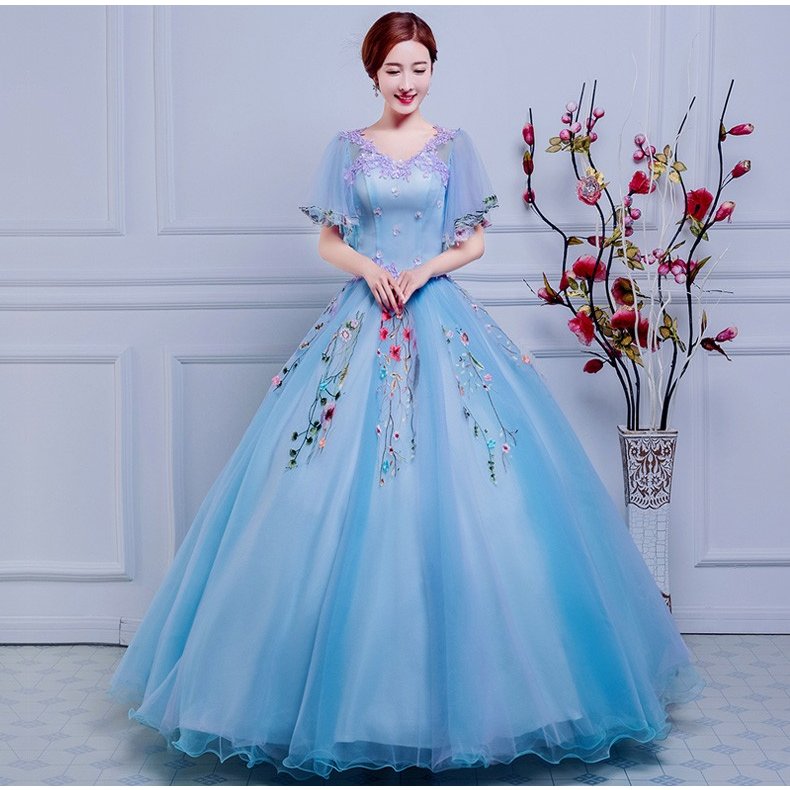 大人気カラードレス ロング パーティードレス 演奏会 安い 結婚式 イブニングドレス 二次会 花嫁 披露宴 エンパイア ウェディングカラードレス aライン ブルー