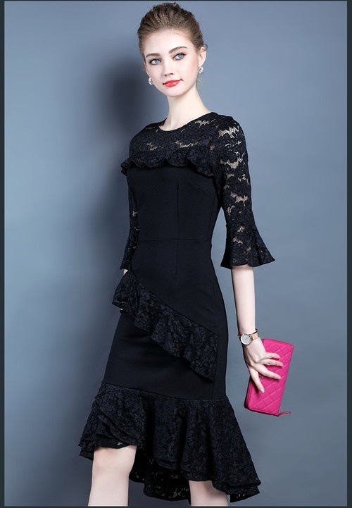 A1073.Uネックシースルーレースワンピース 2019 春夏 sale 春夏 sale ドレス 五分袖 フレア フリル エレガント お呼ばれ 結婚式 披露宴 パーティー 女子会 レストラン デート