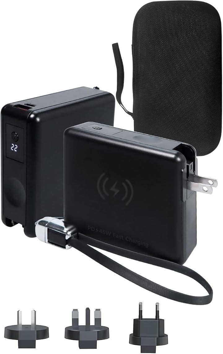 コンセント付きモバイルバッテリー AC出力対応 20000mAh 大容量 1台6役 折りたたみ式プラグ コンセント一体型 PD45W対応 PC(ブラック, 8.5x8.5x3cm)