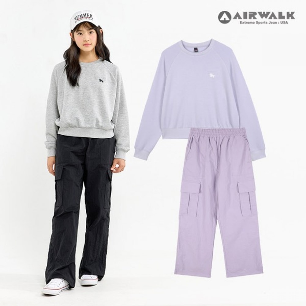 (Airwork Junior) 女の子用ベーシッククロップドスウェットシャツカーゴワイドパンツ上下セット