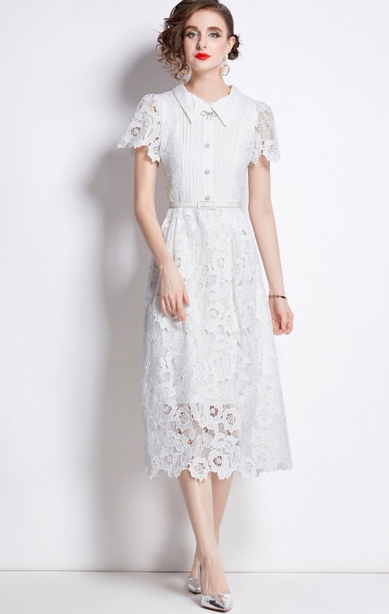 2024夏新作セレブスタイルフレンチレースレトロパフスリーブウエストバンドホワイトドレスドレス