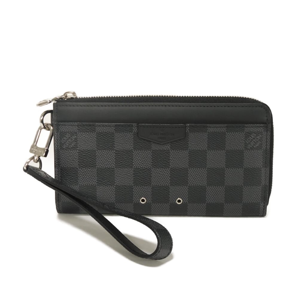 【中古】 長財布 ロゴ エンボス L字ファスナー ストラップ RFID ICチップ ジッピー ドラゴンヌ ダミエ グラフィット N60379