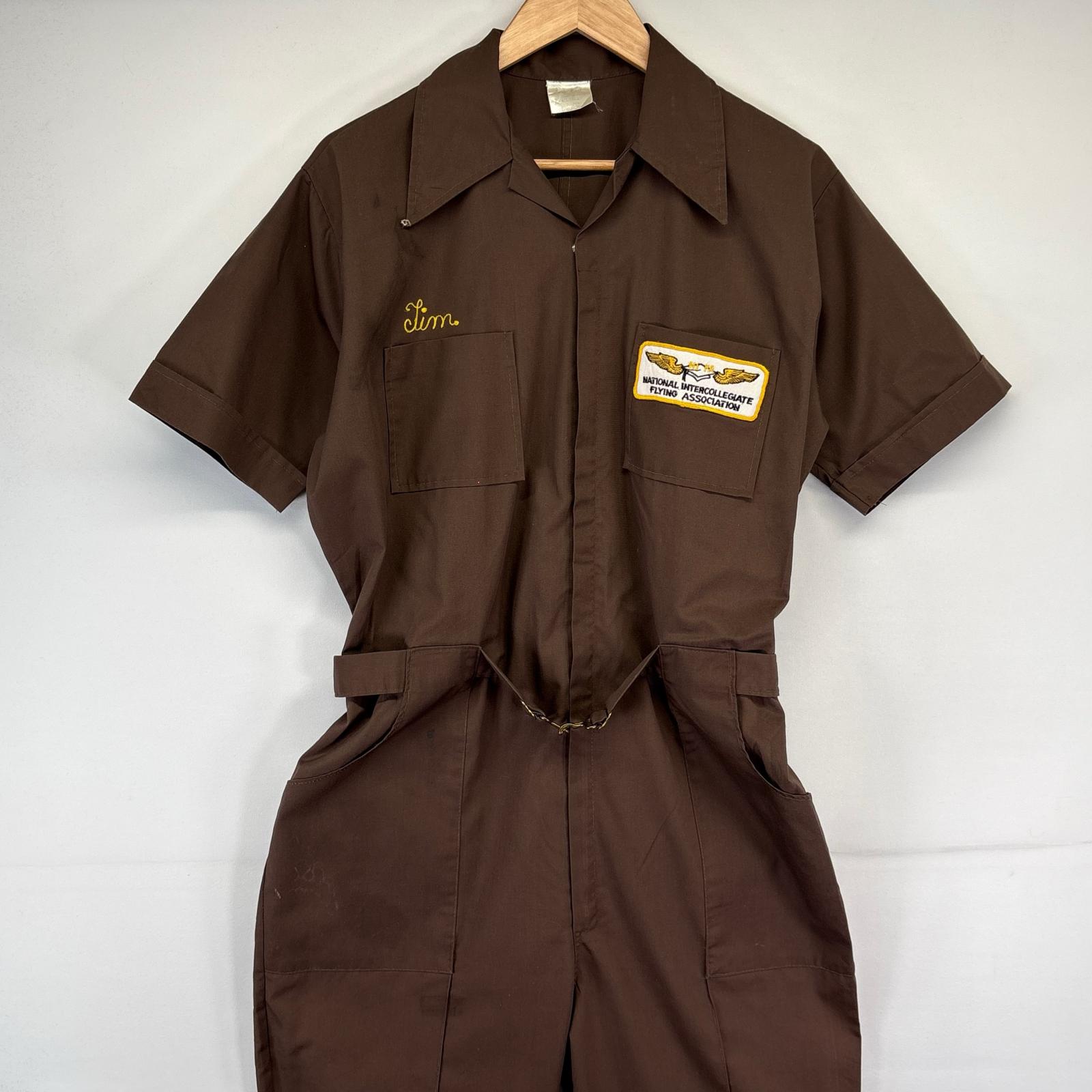 古着 70s/70年代 ヴィンテージ 半袖つなぎ オールインワン ワーク 作業着 バックプリント チェーンステッチ フルジップ 40 ブラウン メンズ