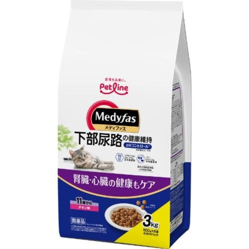 （まとめ買い）ペットライン メディファス 11歳から チキン味 3kg（500g×6） 猫用フード [x3]