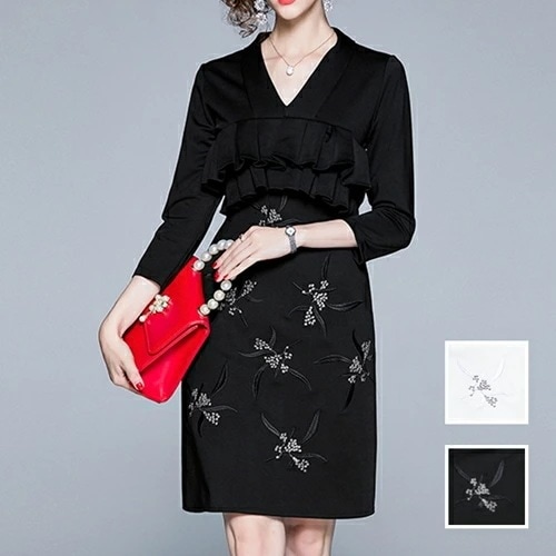 パーティードレス 結婚式 ワンピース ミディアム ひざ丈 オケージョン ドレス 韓国 ファッション レディース 秋 冬 ブライダル お呼ばれ コーデ 成人式 二次会 同窓会 20代 30代 40