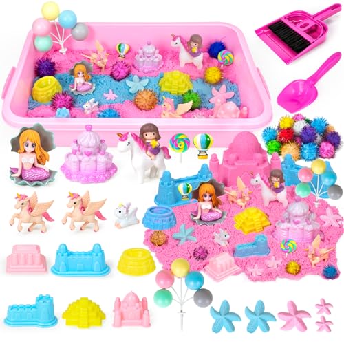 砂遊び セット 砂場 おもちゃ 子供 砂粘土 収納ボックス サンドボックス 室内 屋外兼用 ピンクシリーズ DIY模型 粘土 女の子 誕生日 クリスマス プレゼント (砂場-ユニコーン)