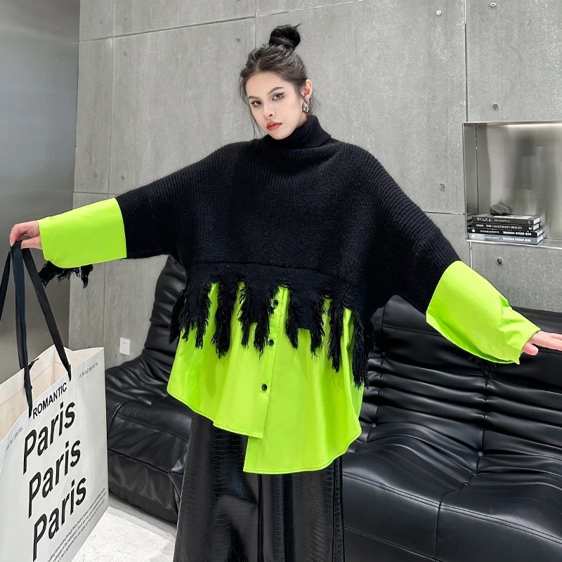 ニット ハイネック セーター レディース 【J.Fashion】 タートルネック 欧美風 メガ割 ドッキング ニット