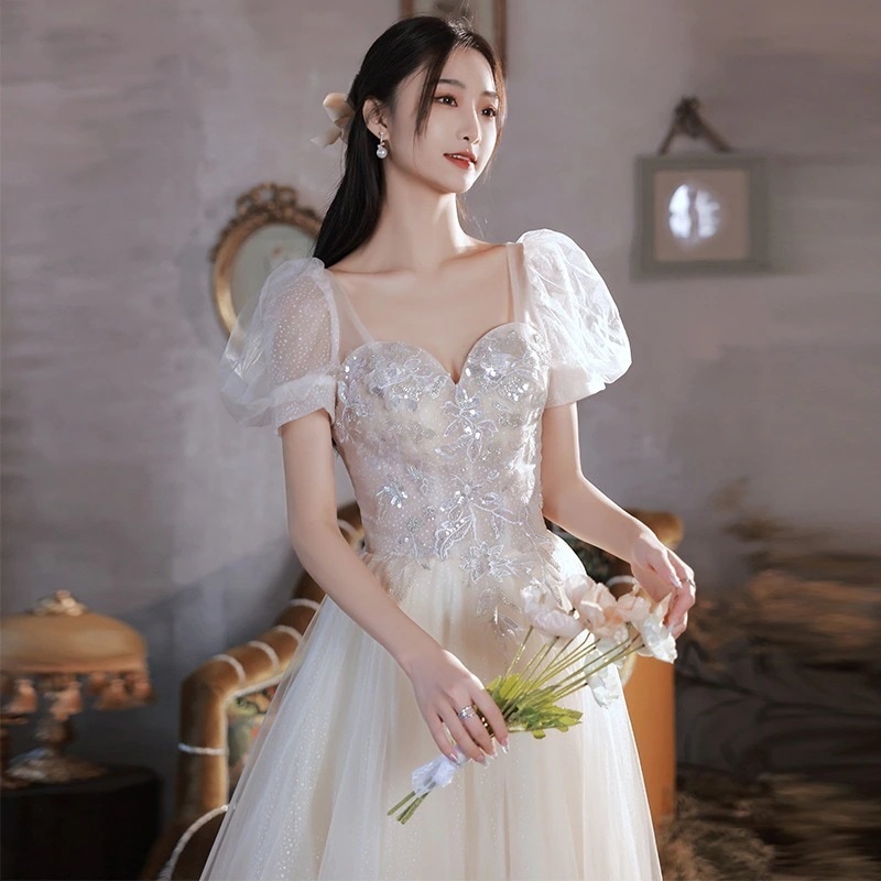 シャンパンカラー イブニングドレス 2025 宴会 パフスリーブ 成人式 誕生日 ブライズメイド スリムドレス 女性用