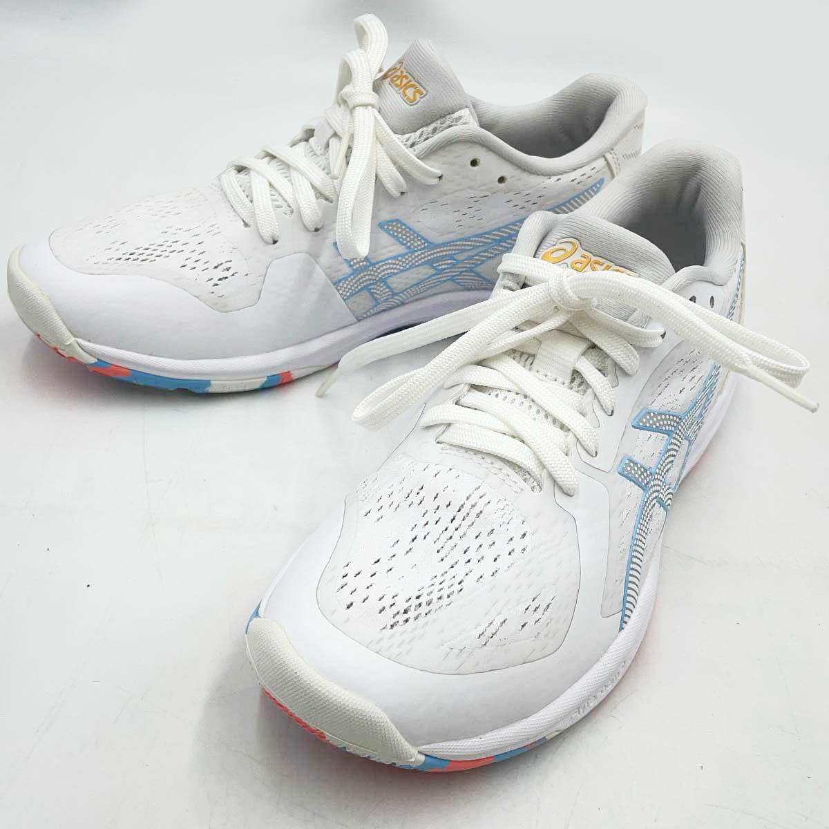 【中古】アシックス DYNAFEATHER ダイナフェザー 23.5cm ホワイト×ライトブルー 1073A064 レディース asics 卓球シューズ