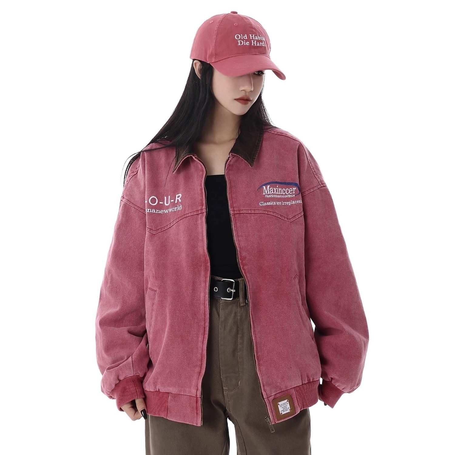 アウター ブルゾン ジャンパー デニム ヴィンテージ調 刺繍 ロゴ バイカラー クレリック ジャケット オーバーサイズ ドロップショルダー 長袖 大人可愛い お洒落 こなれ感