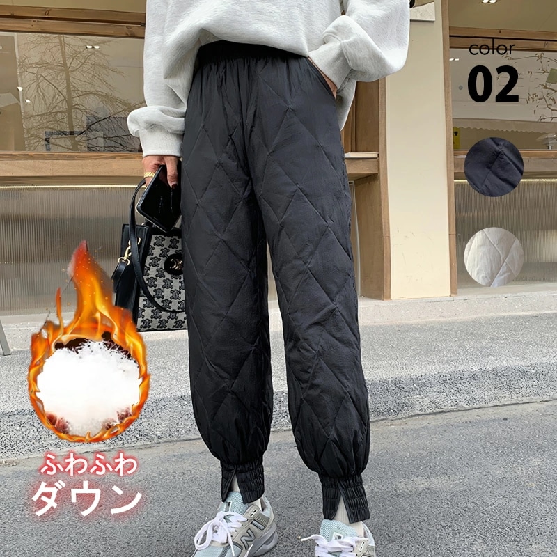 ダウンパンツ 中綿 レディース リブ キルティング 冬 暖パン M L XL 2XL [極暖 パンツ あったかい スポーティ サイズ ボトムス 防寒 防風 アウトドア ウエストゴム ハイウエスト ダウ