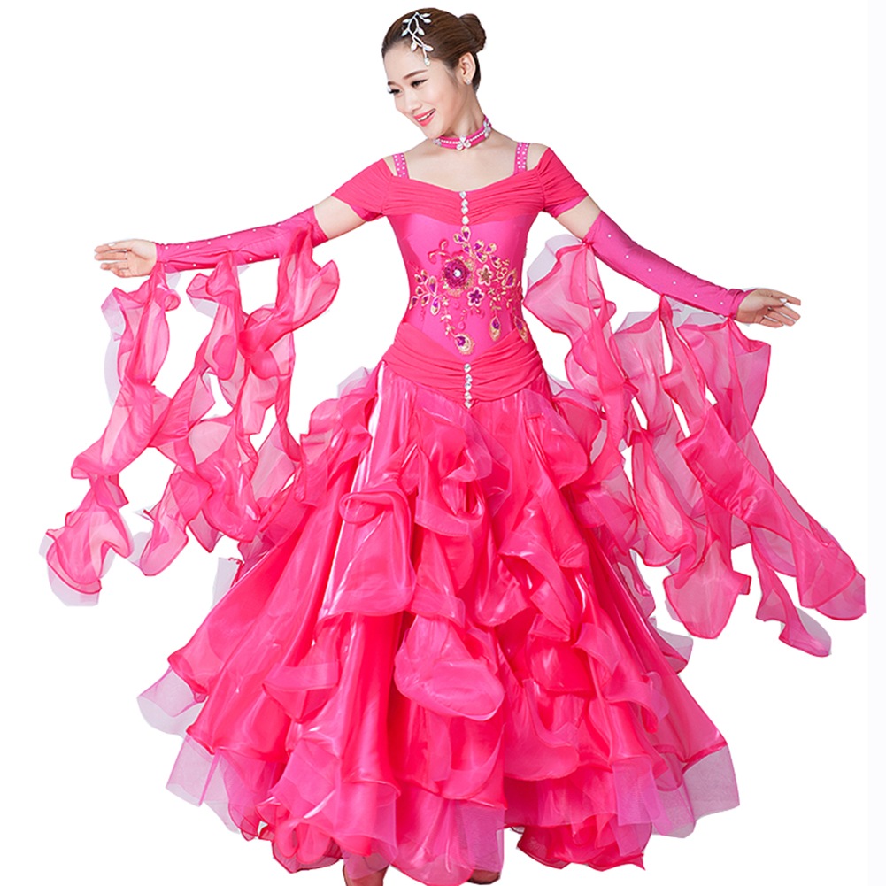 社交ダンス モダンドレス ワンピースドレス 大きい裾 豪華 演出服 ローズ スタンダードドレス キラキラビジュー付き レッド インターナショナルダンス 競技会 ワルツ服 練習着 競技用 ステージ衣