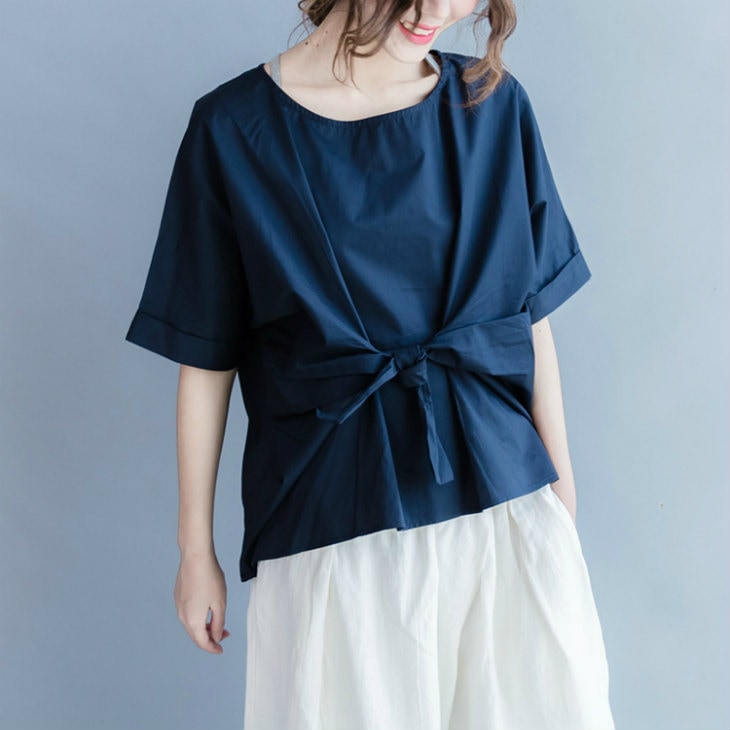 トップス レディース 夏 半袖 40代 麻 ネイビー 即納 赤 コットン リネン ゆったり ブラウス 森ガール BYN-87576 カジュアル リボン ドルマンスリーブ