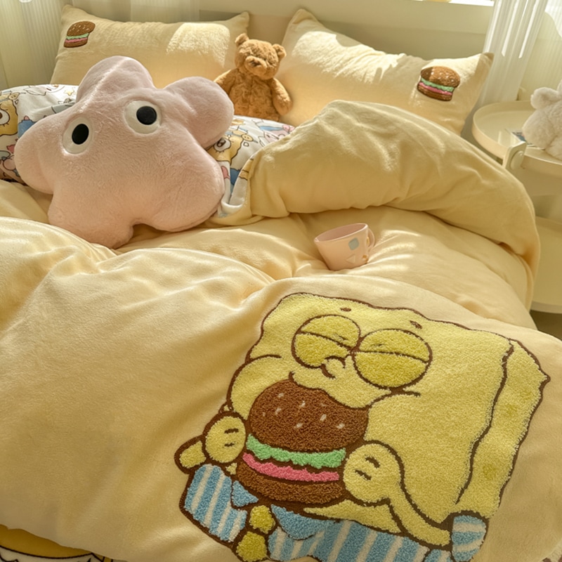 ミルクベルベットベッド4点セット スポンジボブ スクエアパンツ フランネルシーツ 掛け布団カバー 子供用 シングル 寝具