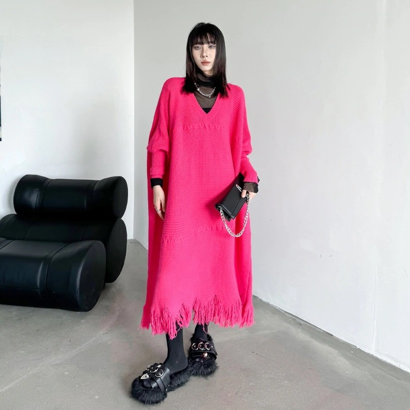 新作 おしゃれ オシャレ ワンピース ロングワンピース ニットワンピース 気質 高級感 百掛け Vネック 大きめサイズ ワンピース