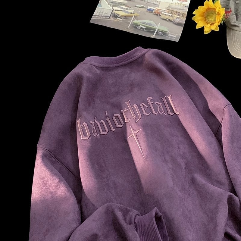 ゆったりスウェット式重磅紫色卫衣男女秋春圆领设计感刺绣情侣流百搭上衣パーカー韓国ファッション