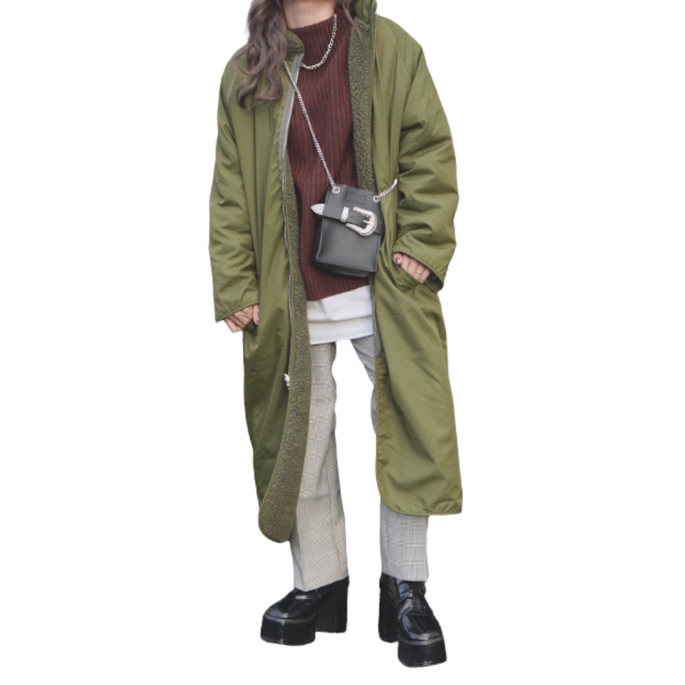 Reversible Boa Long Jacket Coat (khaki green) A.D.G レディース アウター