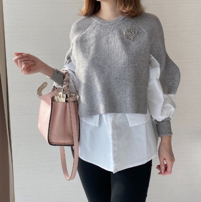 2020年 秋冬 2color レイヤード ニット 異素材 トップス ボリューム袖 レディース トップス 長袖 カジュアル かわいい フェミニン きれいめ 大人可愛い 上品 きれいめカジュアル 大人ガ