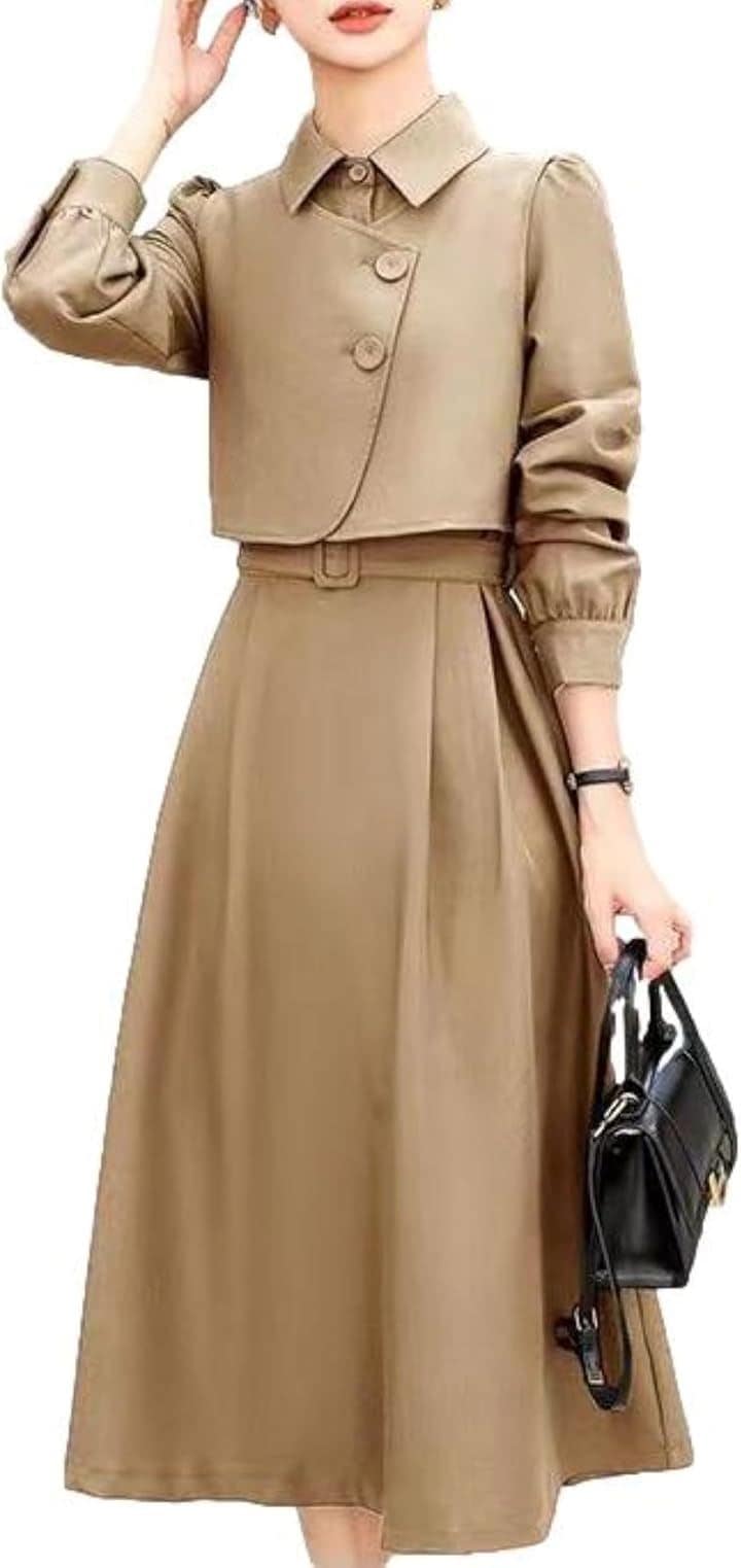 セットアップワンピース 同色ベスト＋ベルト付き ミモレ丈 きちんと感 オフィス 入学式 お出かけ 大学生 可愛い かわいい オルチャン 清楚系 フェミニン(カーキベージュ, 2XL)