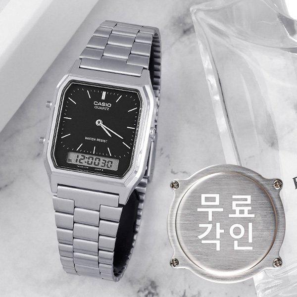 無料刻印 AQ-230A-1 アナデジ 男女兼用メタル時計 d