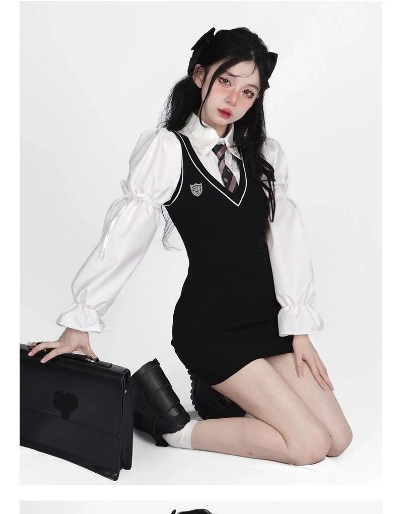 韓国 アカデミック 制服バブル袖インナーシャツ＋百掛けベストワンピース＋ネクタイ3点セット 涼しく楽ちんセットアップ