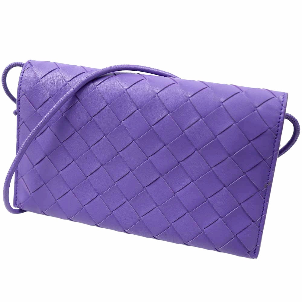 [訳ありアウトレット] ボッテガヴェネタ 長財布 ウォレットバッグ ウォレット ストラップ ポシェット ショルダーバッグ レディース イントレチャート レザー パープル BOTTEGA VENETA