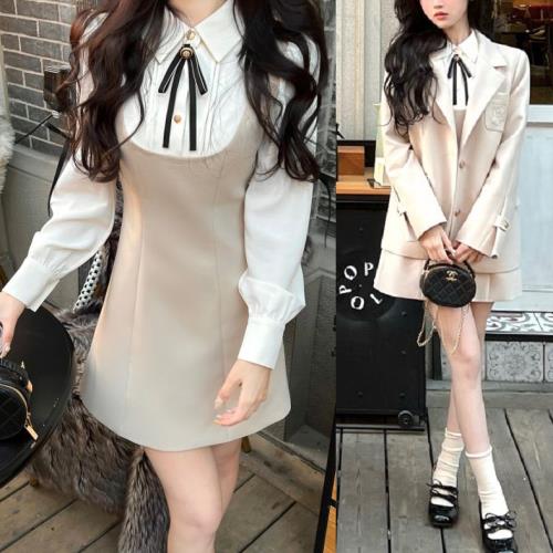 量産型地雷ワンピースミニワンピミニワンピースレイヤード制服風lコスプレリボンレディースドッキングワンピース韓国襟付き長袖ショート丈ミニ丈可愛いきれいめ異素材くびれ重ね着風ガーリーシンプル着痩せ細見えA