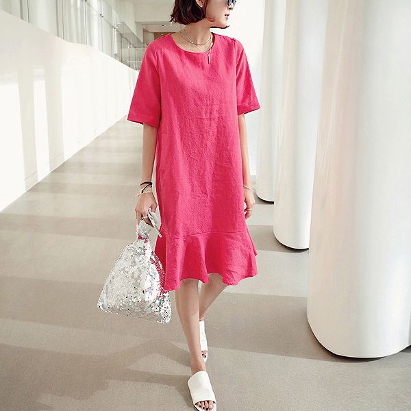 即納可能ピンクローウエストワンピース 半袖 フレア リネン 麻 ゆったり ルーズ 膝下 大人可愛い ほっそり効果大 20代30代40代