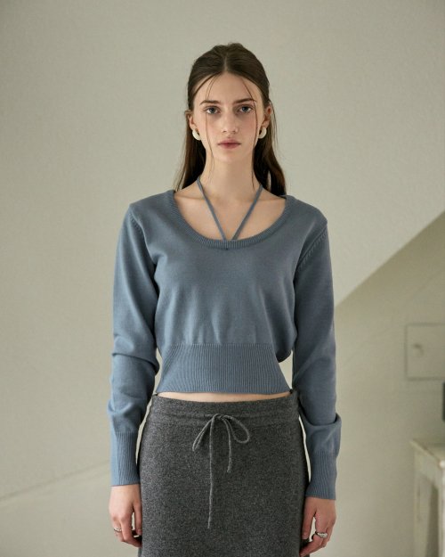 ROUNDTRICOT Halter Round Neck Knitwear - Blue Gray