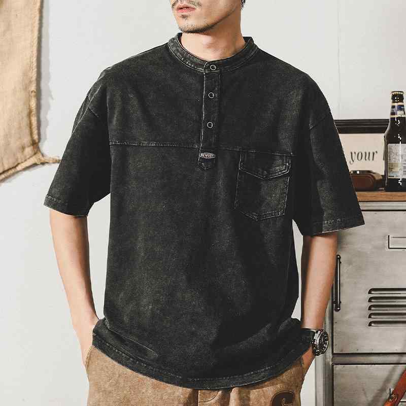 ポロシャツ アメリカン ヘビーウォッシュ 半袖 夏 メンズ ヘンリーカラー Tシャツ コットン ボタン装飾 都会的 男性 黒 赤 茶 コーヒー