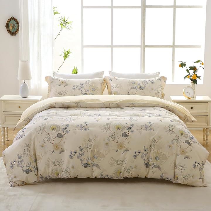 布団カバー 4点セット エジプト超長綿100% 布団カバーセット 掛け布団カバー ボックスシーツ 枕カバーx2 / 300TCサテン調( Daisy, シングルS)