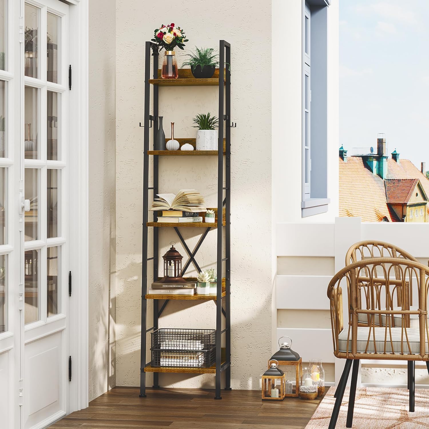 オープンシェルフ ラック 5段収納ラックです 幅35奥行30高さ170cm可動フックを4つ追加しましたレトロ色の工業風木製ラックです五階建ての本棚