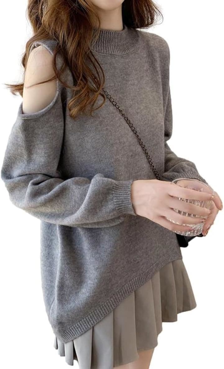 肩出しセーター ショルダーカット 長袖 ラウンドネック ニット ゆるシルエット パフスリーブ ヘルシーコーデ 大人リラクシー レディース(グレー, XL)