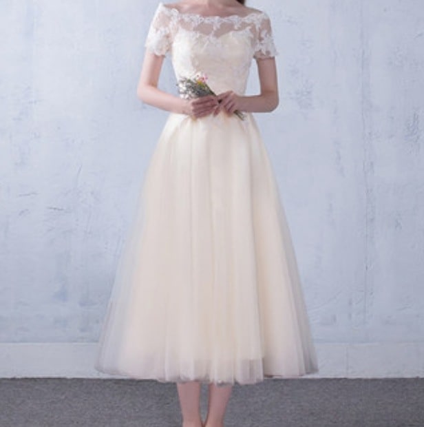 ワンピース ドレス ミモレ Aライン オフショルダー 半袖 細身 ストレート フレア 薄手 レース 切り替え エレガント 大人可愛い シンプル きれいめ 上品 春 夏 二次会 パーティー デート