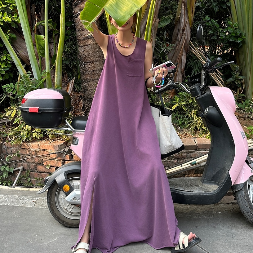 ワンピース マキシ丈ワンピース ノースリーブワンピース ラウンドネック 胸ポケット スリット マキシ丈 かわいい 大人可愛い きれいめ シンプル カジュアル 上品 おしゃれ かっこいい 大人女子