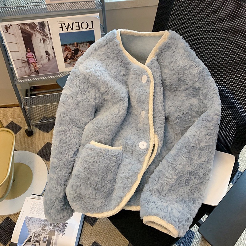 ブルゾン ジャンパー レディース 長袖 襟なし ノーカラー もこもこ ふわふわ ポケット 前開き ボア ガーリー レトロ 大人可愛い こなれ感 無地 冬 ママ お出かけ デート グレー アウター 5,681円