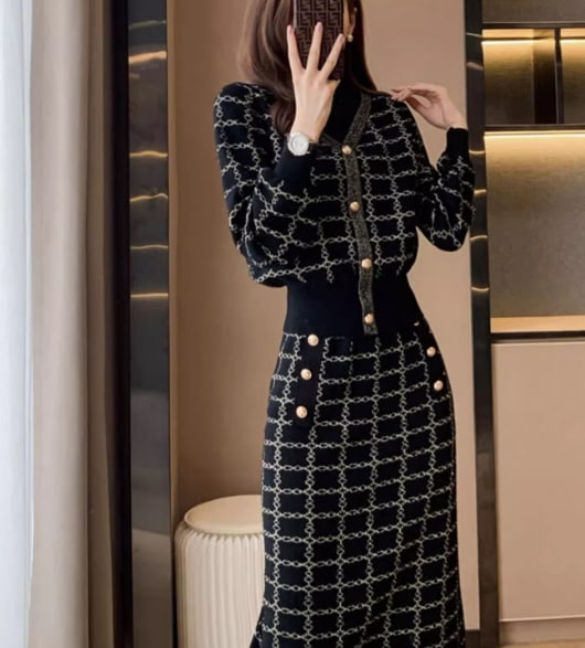 レディース スカート トップス カットソー ニット セットアップ ストレートパンツ ミモレ 長袖 ラウンドネック フェミニン ウエストマーク ハイウエスト ボタン ニット 伸縮性 大人可愛い きれいめ 6,378円