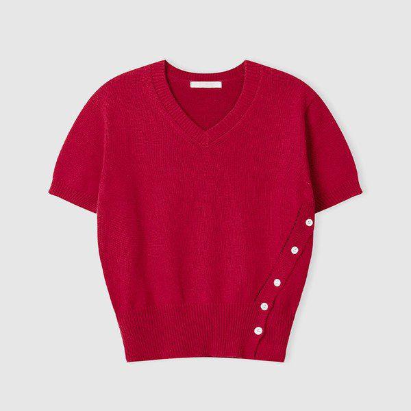 女性Vネックブロー スリットニット半袖TシャツSGW KNH Q025 レッド_P365707441