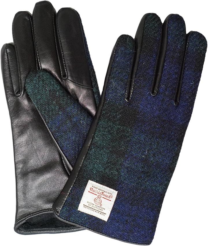 Harris Tweed 裾カーブ レディース レザー ハリスツイード コンビ スマホ対応 革 手袋 裏ボア ケース付 (裾カーブ(ブラックウォッチ), FREE (S-M))