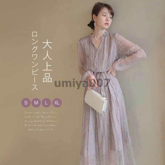 ワンピース レディース 長袖 ロングワンピース 膝丈 シフォン 春夏 きれいめ 花柄 ゆったり 透ける袖 ワンピ シフォンワンピース 夏